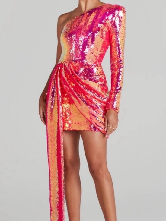 NADINE MERABI Dresses & Skirts - NADINE MERABI One-Shoulder Pink and Gold Sequin Dress